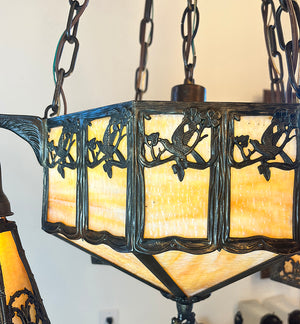 Antique Circa 1910 Arts and Crafts Four Light Chain Suspended Fixture with Butterscotch Slag Glass Center Body and Shades (Copy)