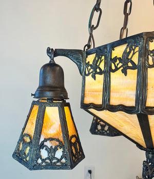 Antique Circa 1910 Arts and Crafts Four Light Chain Suspended Fixture with Butterscotch Slag Glass Center Body and Shades (Copy)