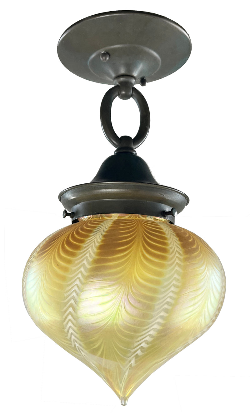 Antique Circa 1910 Art Nouveau Flush Mount with Hand Blown Signed Lundberg Art Glass Zipper Pattern Shade