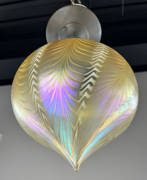 Antique Circa 1910 Art Nouveau Flush Mount with Hand Blown Signed Lundberg Art Glass Zipper Pattern Shade