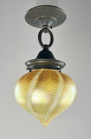 Antique Circa 1910 Art Nouveau Flush Mount with Hand Blown Signed Lundberg Art Glass Zipper Pattern Shade