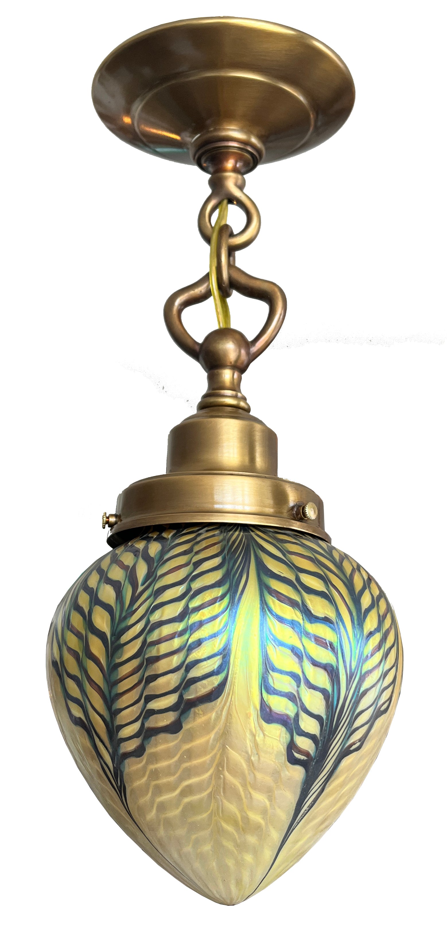 Antique 1910 Edwardian Pendant with Signed Lundberg Art Glass Pulled Feather Shade