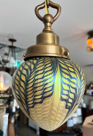 Antique 1910 Edwardian Pendant with Signed Lundberg Art Glass Pulled Feather Shade