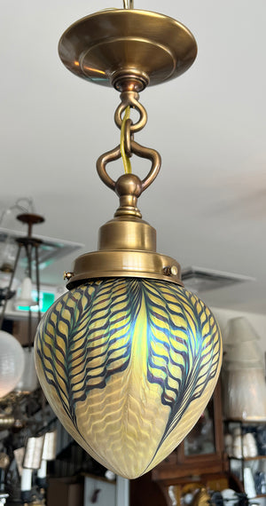 Antique 1910 Edwardian Pendant with Signed Lundberg Art Glass Pulled Feather Shade