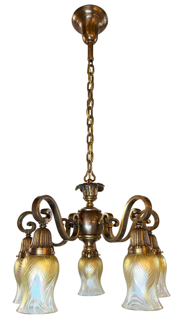 Elegant Antique Circa 1910 Edwardian Scroll Arm Five Light Chandelier with Signed Lundberg Art Glass Pulled Feather Shades