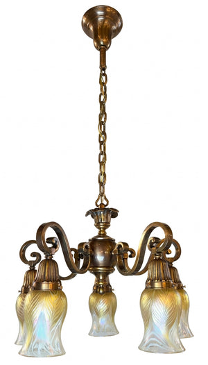 Elegant Antique Circa 1910 Edwardian Scroll Arm Five Light Chandelier with Signed Lundberg Art Glass Pulled Feather Shades