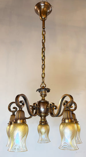 Elegant Antique Circa 1910 Edwardian Scroll Arm Five Light Chandelier with Signed Lundberg Art Glass Pulled Feather Shades