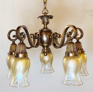 Elegant Antique Circa 1910 Edwardian Scroll Arm Five Light Chandelier with Signed Lundberg Art Glass Pulled Feather Shades