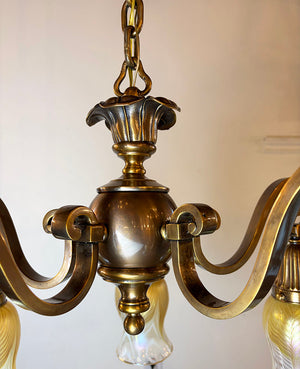 Elegant Antique Circa 1910 Edwardian Scroll Arm Five Light Chandelier with Signed Lundberg Art Glass Pulled Feather Shades