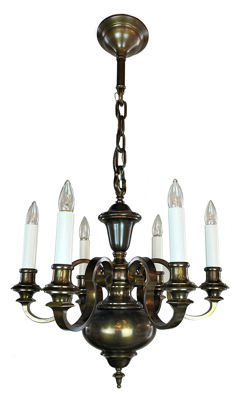 Antique Circa 1910 Six Light Colonial Revival Chandelier Attributed to Beardslee of Chicago