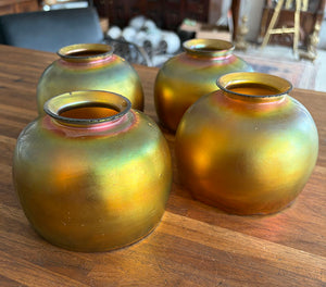 $1950 PAIR -Stunning Pair of Circa 1905-10 Cast Brass Double Light Sconces Attributed to Bradley and Hubbard with a Matching Set of Gold Aurene Steuben Shades