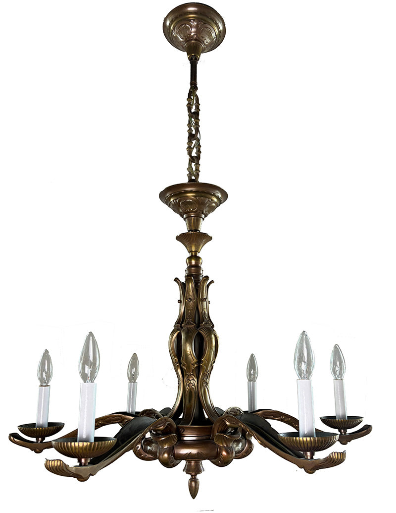 Antique Circa 1910 Cast Bronze European Art Novueau Six Light Chandelier