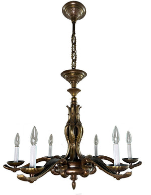 Antique Circa 1910 Cast Bronze European Art Novueau Six Light Chandelier