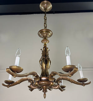 Antique Circa 1910 Cast Bronze European Art Novueau Six Light Chandelier