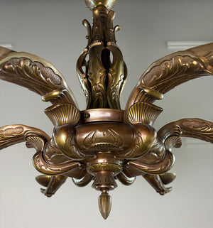 Antique Circa 1910 Cast Bronze European Art Novueau Six Light Chandelier