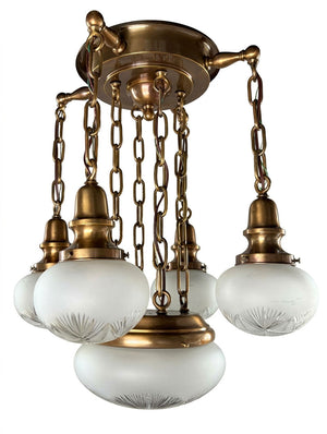 Antique Circa 1910 Five Light Chain Suspended Cascade Flush Mount with Original Star Cut Pattern Shades and Center Dome