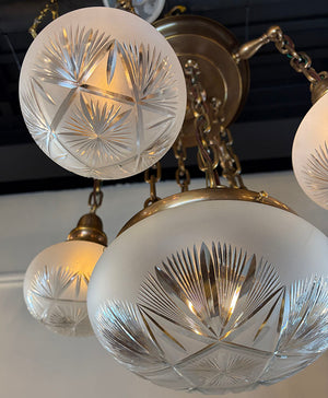 Antique Circa 1910 Five Light Chain Suspended Cascade Flush Mount with Original Star Cut Pattern Shades and Center Dome