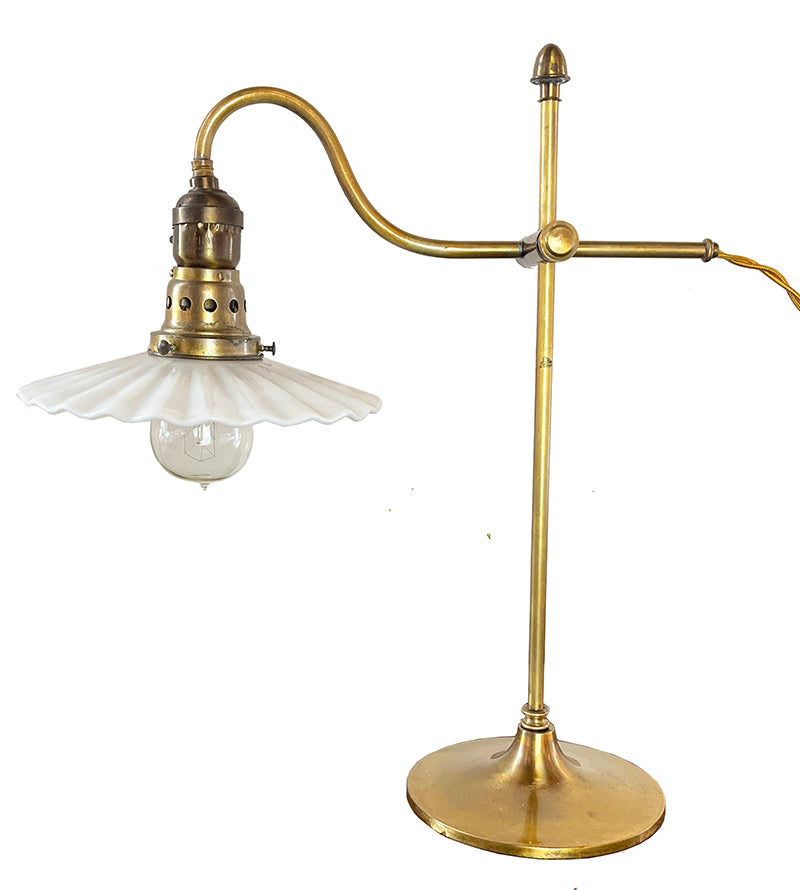 Anitque Circa 1910 Adjustable Brass Industrial Work Light with Original Milk Glass Ruffle Shade