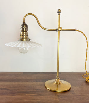 Anitque Circa 1910 Adjustable Brass Industrial Work Light with Original Milk Glass Ruffle Shade
