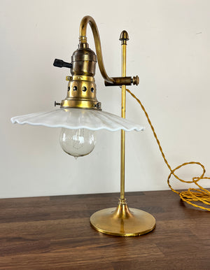 Anitque Circa 1910 Adjustable Brass Industrial Work Light with Original Milk Glass Ruffle Shade
