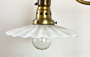 Anitque Circa 1910 Adjustable Brass Industrial Work Light with Original Milk Glass Ruffle Shade