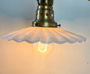 Anitque Circa 1910 Adjustable Brass Industrial Work Light with Original Milk Glass Ruffle Shade