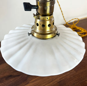 Anitque Circa 1910 Adjustable Brass Industrial Work Light with Original Milk Glass Ruffle Shade