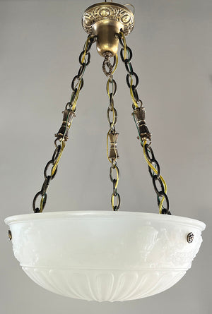 Antique Circa 1910 Neo Classical Milk Glass Dome with Original Bronze and Brass Holder
