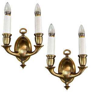 $850 PAIR - Antique Circa 1905 Transitional Edwardian Double Light Cast Brass Sconces
