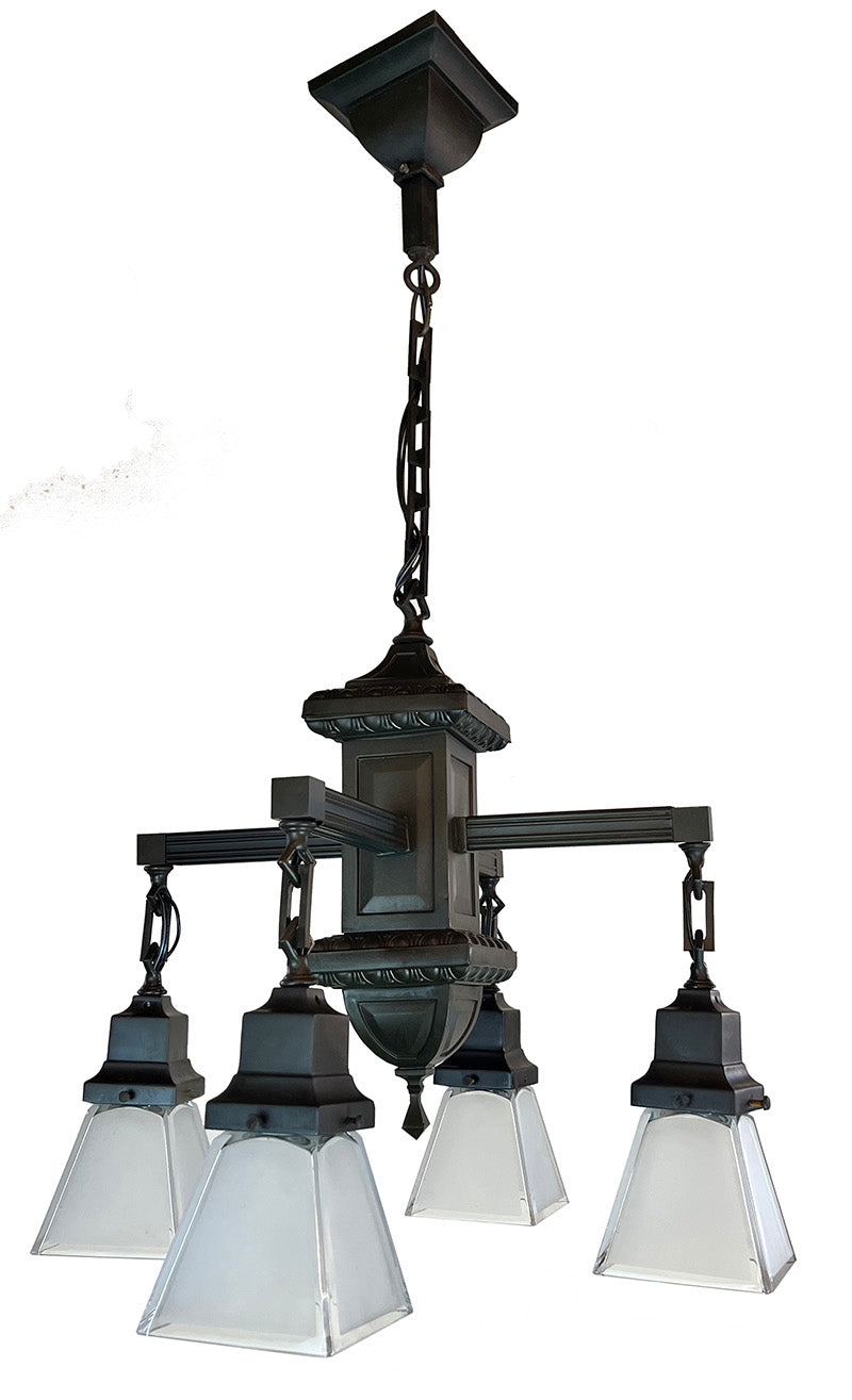 Antique Circa 1905 Transitional Arts and Crafts Edwardian Four Light Fixture with Original Square Shades