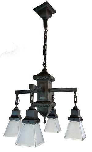 Antique Circa 1905 Transitional Arts and Crafts Edwardian Four Light Fixture with Original Square Shades
