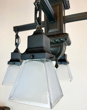 Antique Circa 1905 Transitional Arts and Crafts Edwardian Four Light Fixture with Original Square Shades