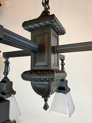 Antique Circa 1905 Transitional Arts and Crafts Edwardian Four Light Fixture with Original Square Shades
