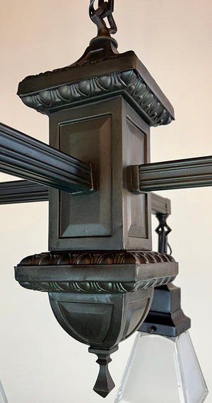 Antique Circa 1905 Transitional Arts and Crafts Edwardian Four Light Fixture with Original Square Shades