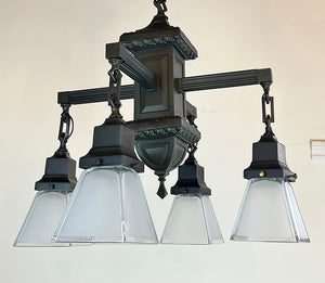 Antique Circa 1905 Transitional Arts and Crafts Edwardian Four Light Fixture with Original Square Shades