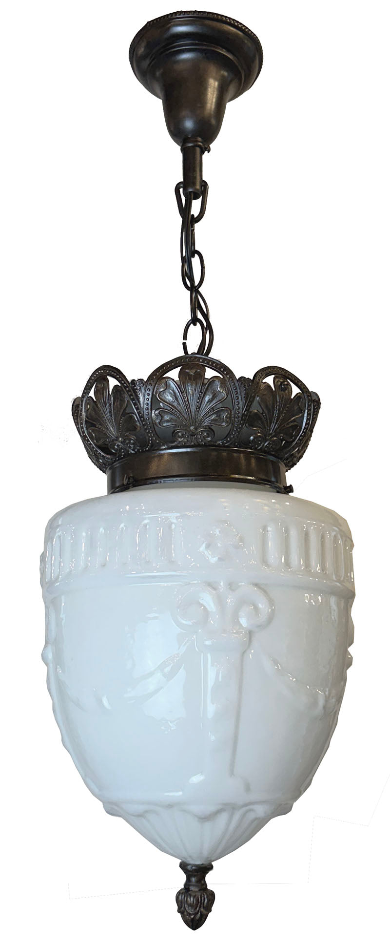 Antique Circa 1910 Large Edwardian Opal Glass Shade with Garland and Column Motif on Original Embossed Leaf Pattern Holder