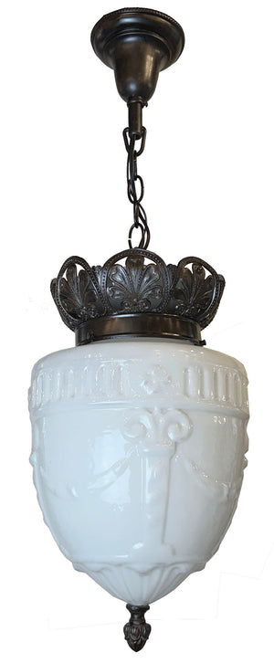 Antique Circa 1910 Large Edwardian Opal Glass Shade with Garland and Column Motif on Original Embossed Leaf Pattern Holder