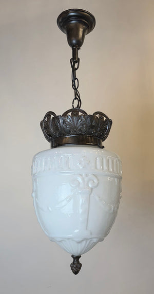 Antique Circa 1910 Large Edwardian Opal Glass Shade with Garland and Column Motif on Original Embossed Leaf Pattern Holder