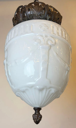 Antique Circa 1910 Large Edwardian Opal Glass Shade with Garland and Column Motif on Original Embossed Leaf Pattern Holder