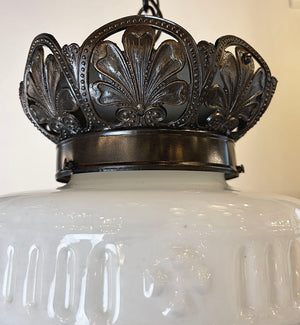 Antique Circa 1910 Large Edwardian Opal Glass Shade with Garland and Column Motif on Original Embossed Leaf Pattern Holder