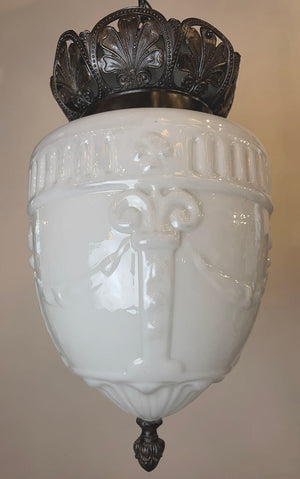 Antique Circa 1910 Large Edwardian Opal Glass Shade with Garland and Column Motif on Original Embossed Leaf Pattern Holder