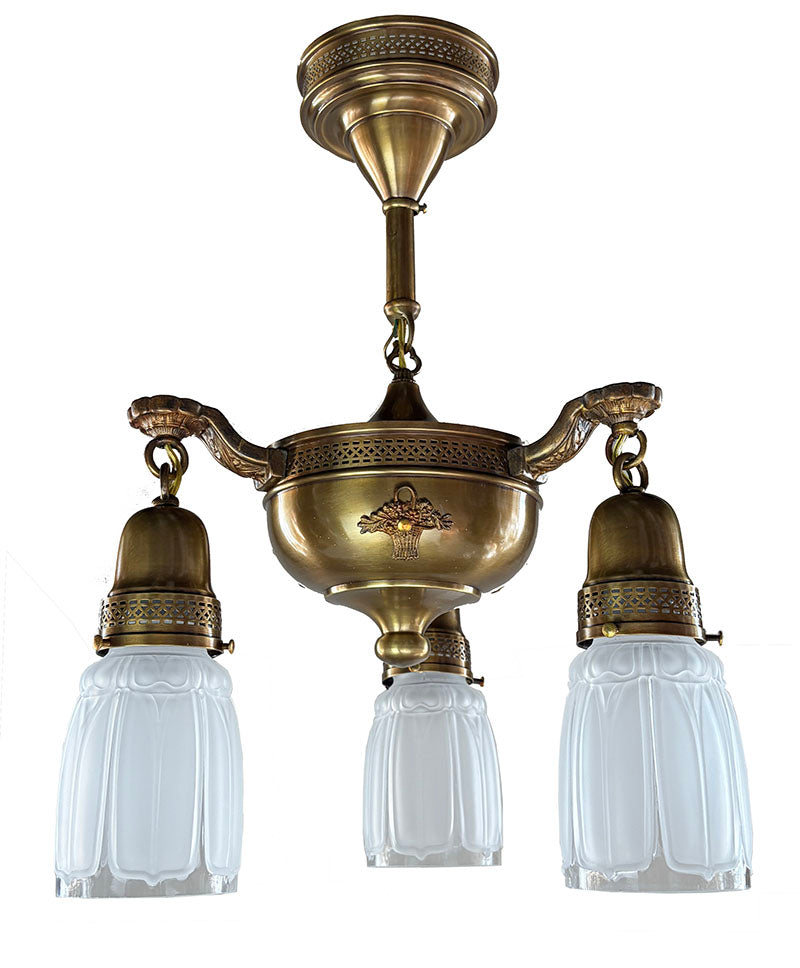 Antique Circa 1915 Three Light Deep Body Pan Fixture with Open Lattice Work Gallery and Clear Frost Nouveau Shades