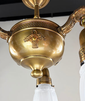 Antique Circa 1915 Three Light Deep Body Pan Fixture with Open Lattice Work Gallery and Clear Frost Nouveau Shades