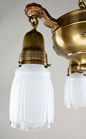 Antique Circa 1915 Three Light Deep Body Pan Fixture with Open Lattice Work Gallery and Clear Frost Nouveau Shades
