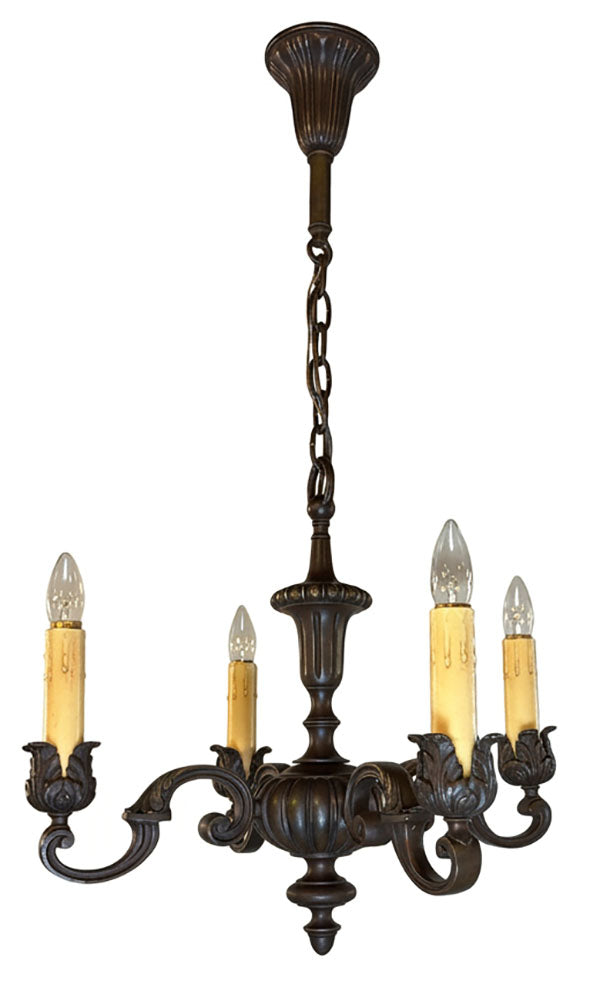 Antique Circa 1910 Cast Bronze Edwardian Four Light Cast Scroll Arm Chandelier