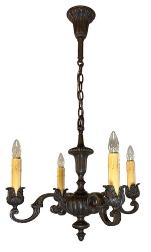 Antique Circa 1910 Cast Bronze Edwardian Four Light Cast Scroll Arm Chandelier