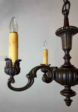 Antique Circa 1910 Cast Bronze Edwardian Four Light Cast Scroll Arm Chandelier