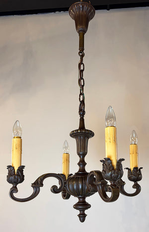 Antique Circa 1910 Cast Bronze Edwardian Four Light Cast Scroll Arm Chandelier