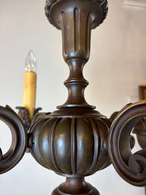 Antique Circa 1910 Cast Bronze Edwardian Four Light Cast Scroll Arm Chandelier