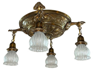 Antique Circa 1910 Large Embossed Four Light with Cast Leaf Arms and Antique Acid Etched Shades